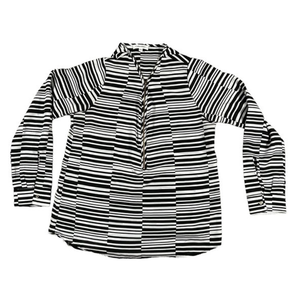 Calvin Klein Half Zip Striped Blouse Roll Tab Sleeve Size Medium Black White